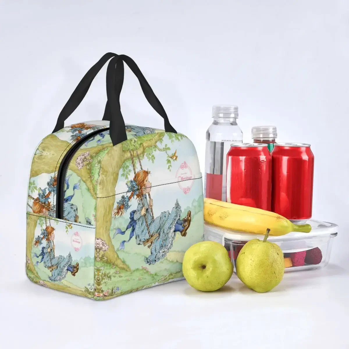 Sarah Kay Swing Girl Cartoon Lunch Bag Portable Insulated Canvas Cooler Cute Country Life Thermal Picnic Travel Lunch Box