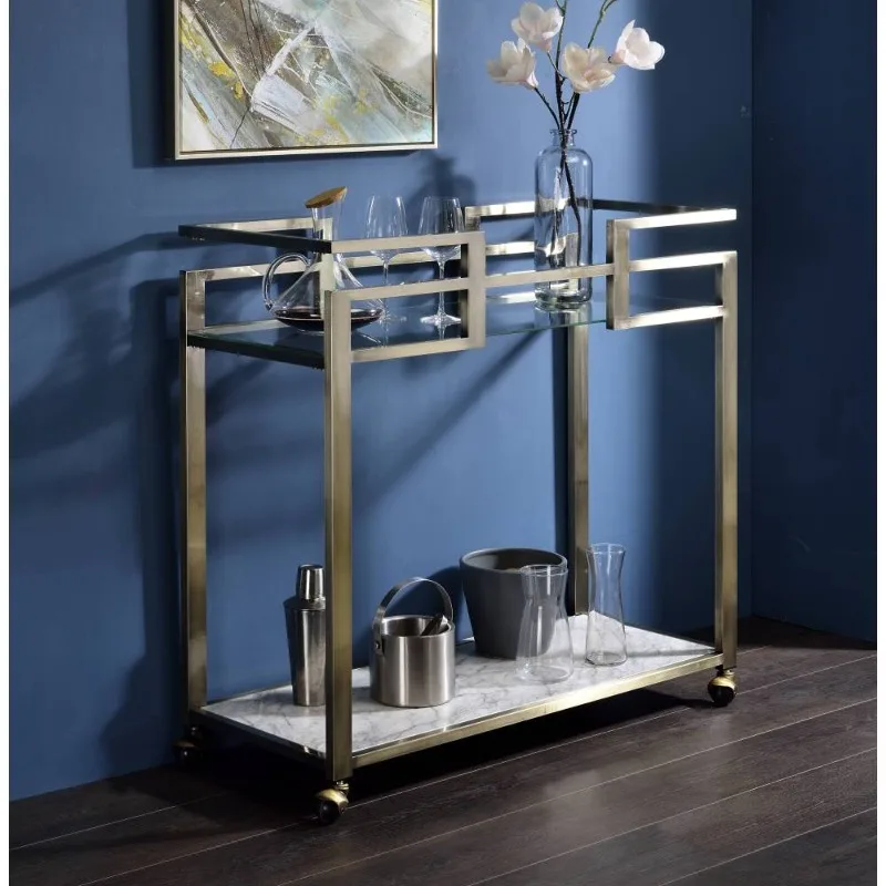 Vintage Gold Metal Bar Cart with Marble Shelf Mobile Serving Trolley for Home Living Room Bar Decor