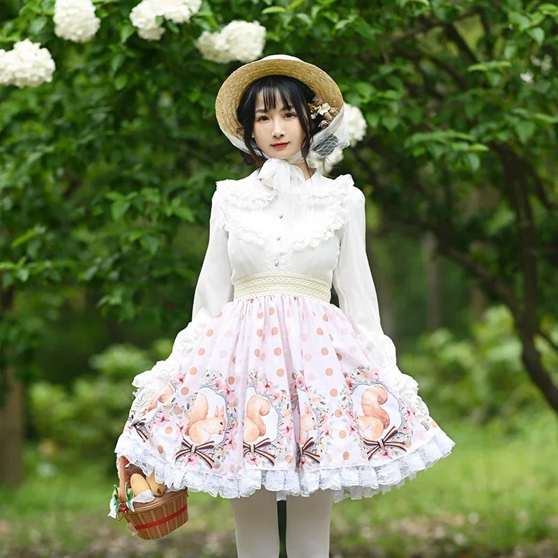

Ainclu Fashion Cute Original Squirrel Polka Dots Bow Pattern Print Fashion Pleated Lace Lolita Half Skirt With Pure White Socks