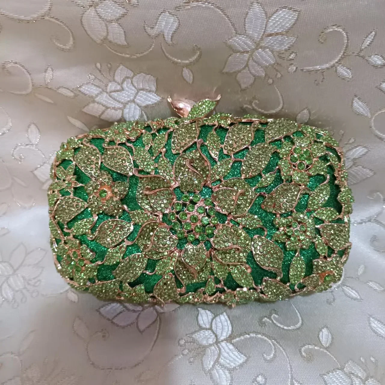 Women Wedding Bridal Green Flower Crystal Evening Bag Hollow Out Floral Clutch Purse Diamond Stone Dinner Party Female Handbag