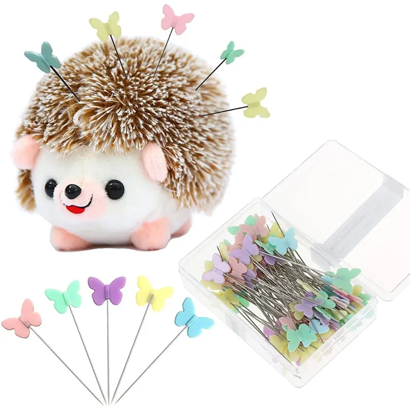 Hedgehog Pin Cushion with Pins Set Include 1 Pcs Cute Pin Cushion and 100 Pcs Butterfly Flat Head Straight Pins for Sewing DIY