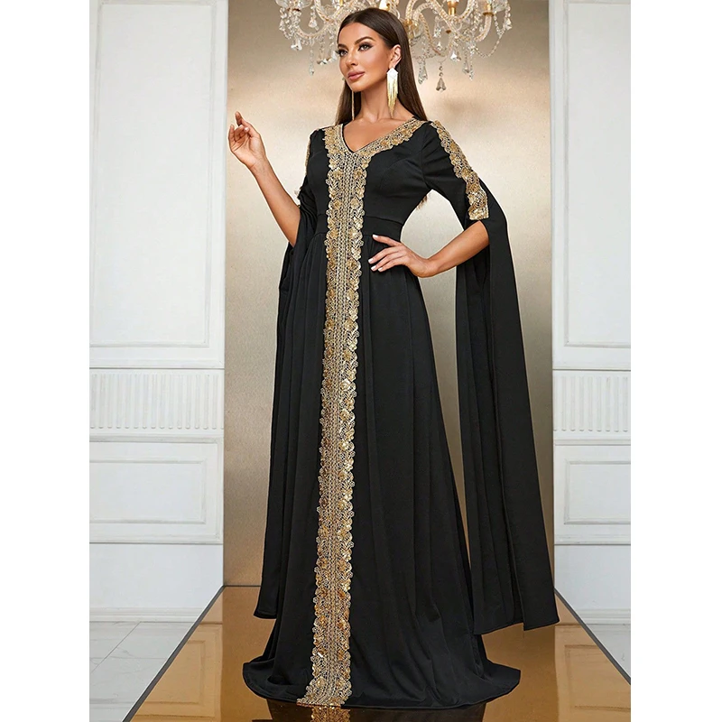 Muslim Abaya Islamic Clothing Women Long sleeve V Neck Black Elegant dubai luxury Turkey Cocktail Prom Evening party Long dress