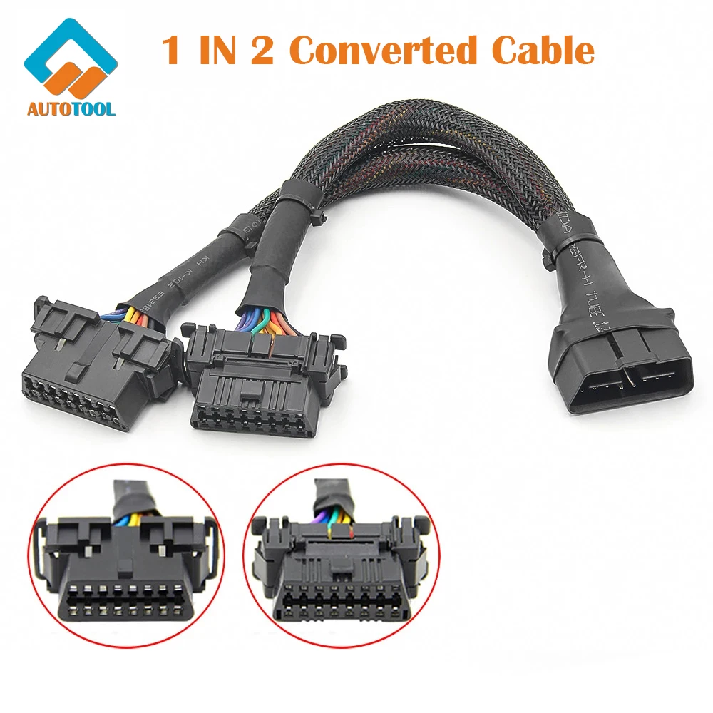 1 IN 2 Converted Cable OBD2 Flat Extension Cable 16Pin Connected Car Diagnostic Line OBD2 Male To Dual Female High Efficiency