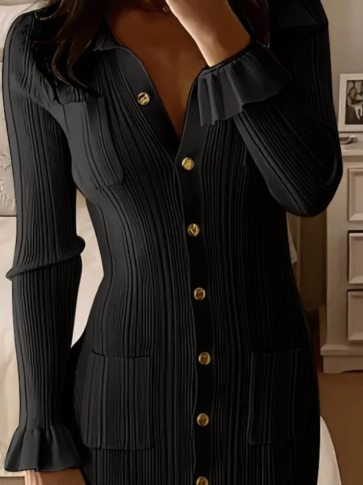 فستان محبوك أنيق للنساء ذو طية صدر السترة النحيفة وأكمام مضيئة وجيوب فساتين نسائية للخريف فساتين طويلة متينة فساتين عصرية #4