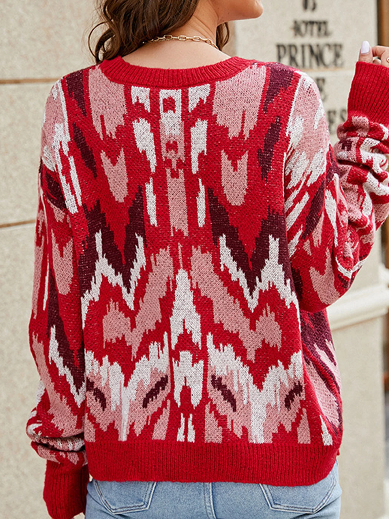 Women's Retro European American Style Pullover Sweater Contrast Color Jacquard Loose Long Sleeve Autumn Winter Top