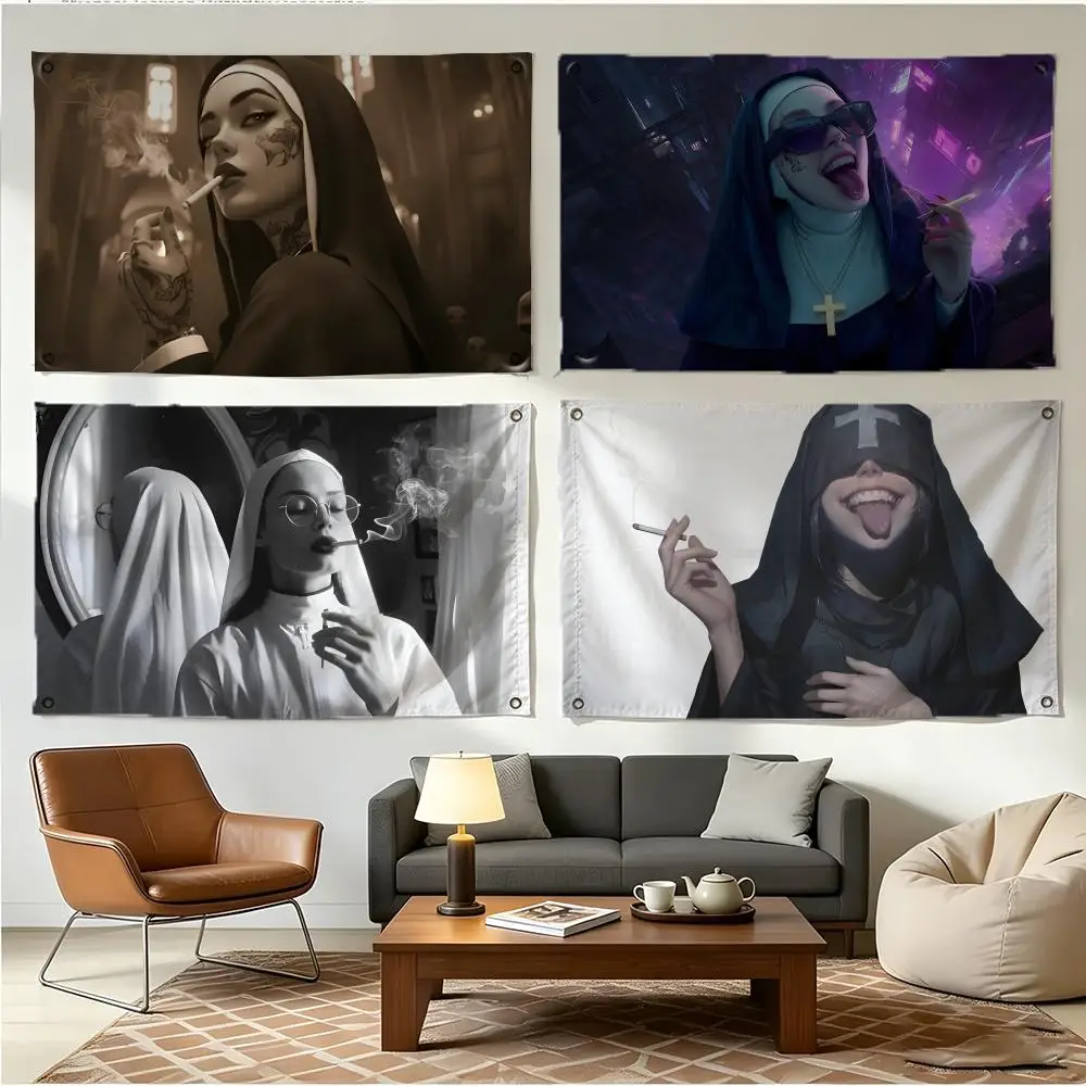Art Graphic Smoke Nun Flags Four Ring Borderless Art Decor Indoor Outdoor Use Simple Hang And Install