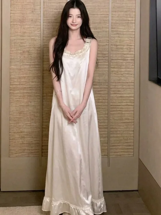 Silk Long Sleeveless Women's Nightgown with Lace Trim Summer Comfortable Breathable Sleepwear Casual Home Clothes