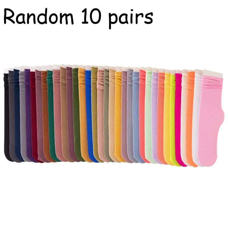 

Random 10 pairs of women's solid color mid tube pile socks, simple daily casual style collision eye-catching color short socks