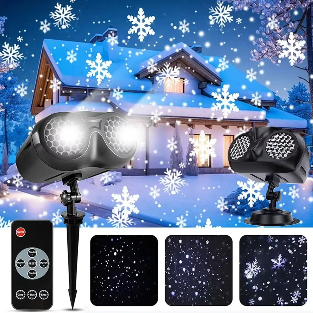 

Double Head Christmas Snowfall LED Light Snowflakes Projector Lights Rotating Outdoor Holiday Party Decor Falling Snow Spotlight