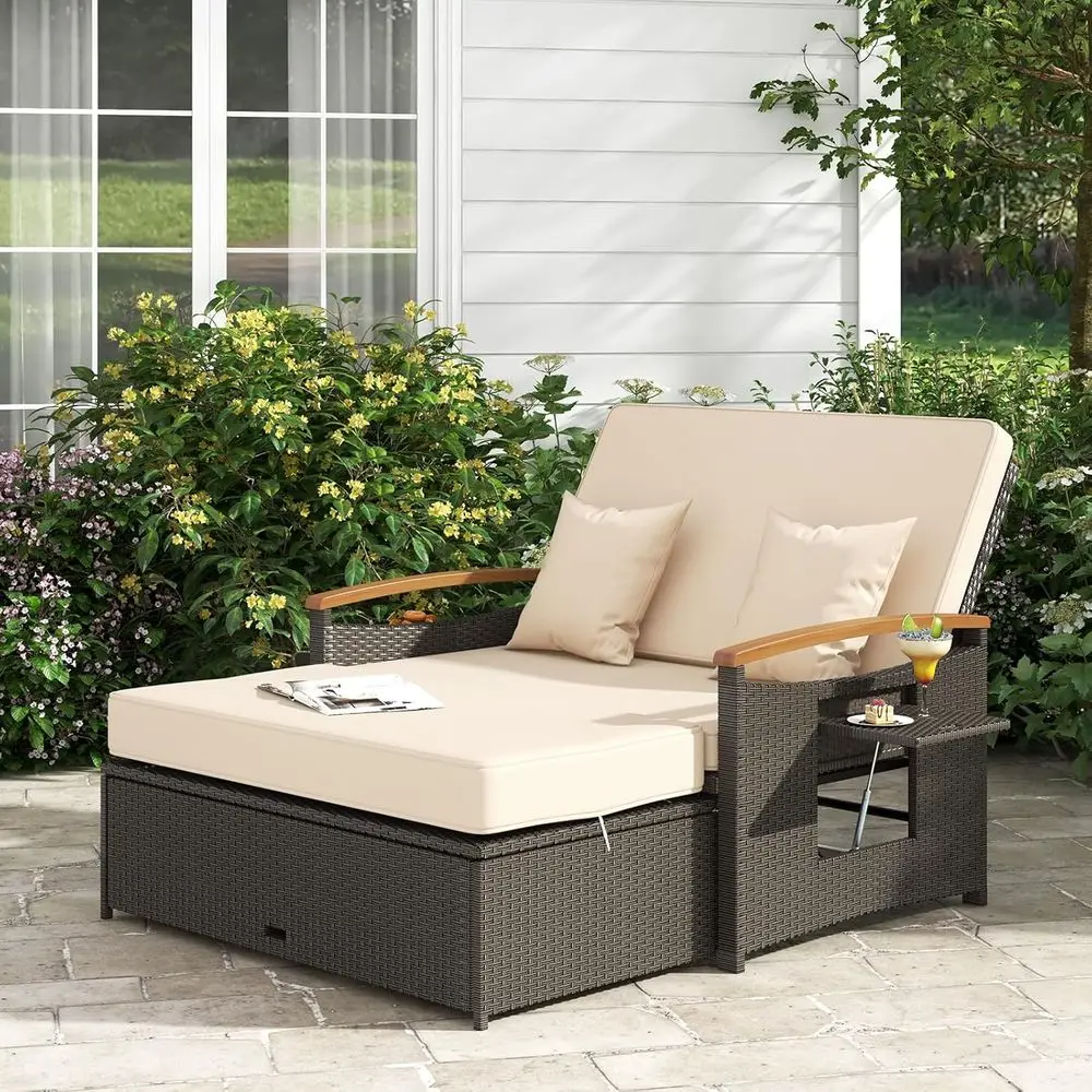 

Outdoor Rattan Daybed with Storage Ottoman, Adjustable Backrest, Acacia Armrests, Beige Wicker Daybed for Patio, Deck, or Poolsi