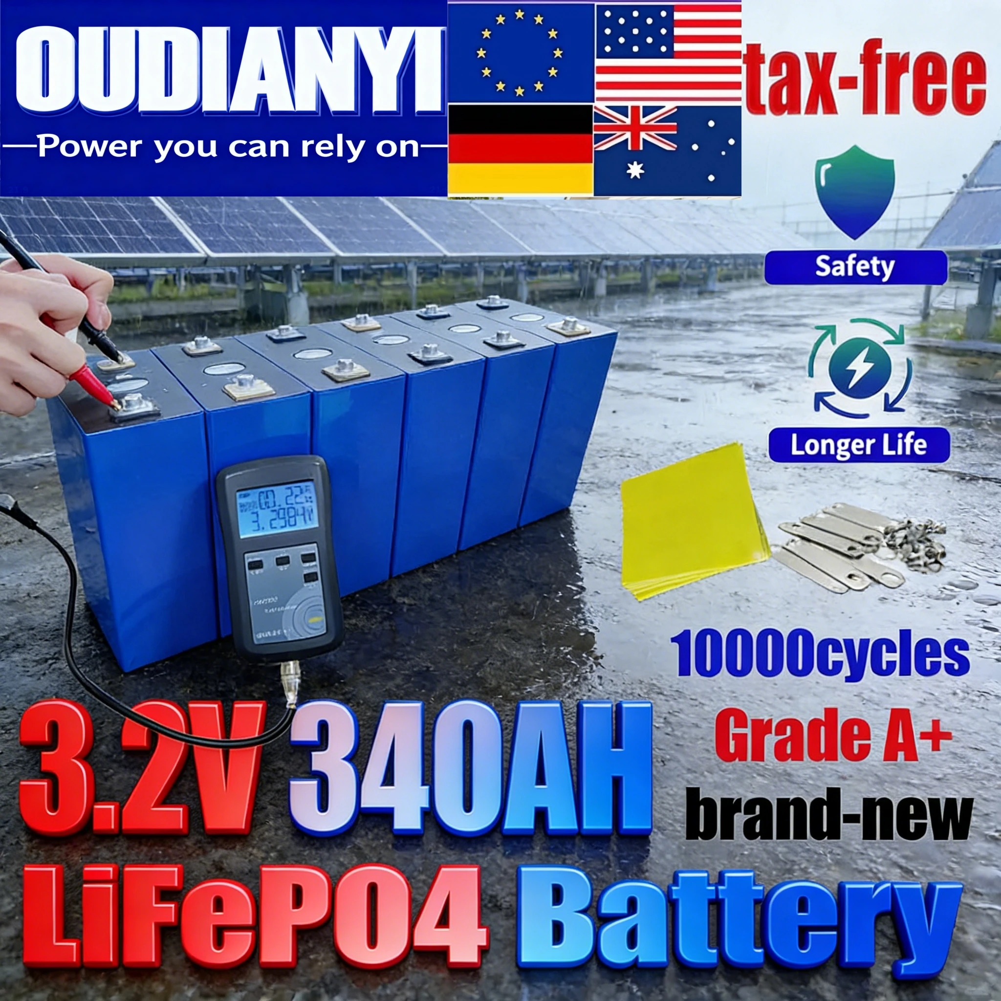 

Tax-Free A-Grade 340Ah 3.2V LiFePO4 - 10000 Cycles Rechargeable, DIY 12V 24V 48V for EV Ship Solar RV Golf Camping, New