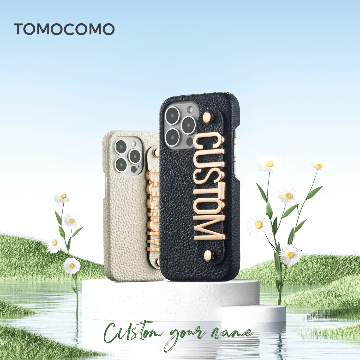 

Tomocomo Personalized Leather Phone Case Custom Name Luxury Cover Metal Letters iPhone 15 14 13 12 11Pro Max 14 15Plus