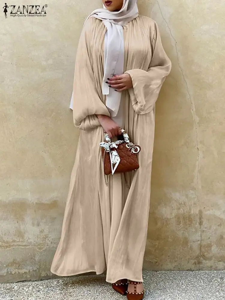 ZANZEA Elegant Puff Sleeve Muslim Kimono Women Solid Color Casual Islam Clothing Ramadan Abaya Cardigan Vintage Holiday Dress