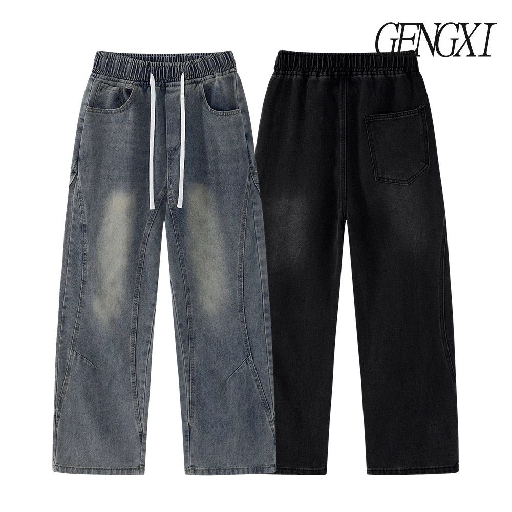 

Deconstructed design, washed and distressed curved knife jeans, new autumn/winter men's straight-leg work pants, casual pants