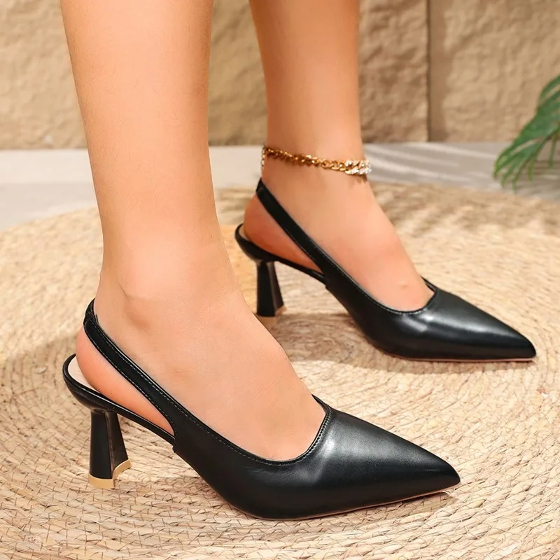 Elegant Nude Slingback High Heels 7.5cm Chunky Flared Heel Pointed Closed Toe Design Ladies Workplace Wedding Party Dress Pumps
