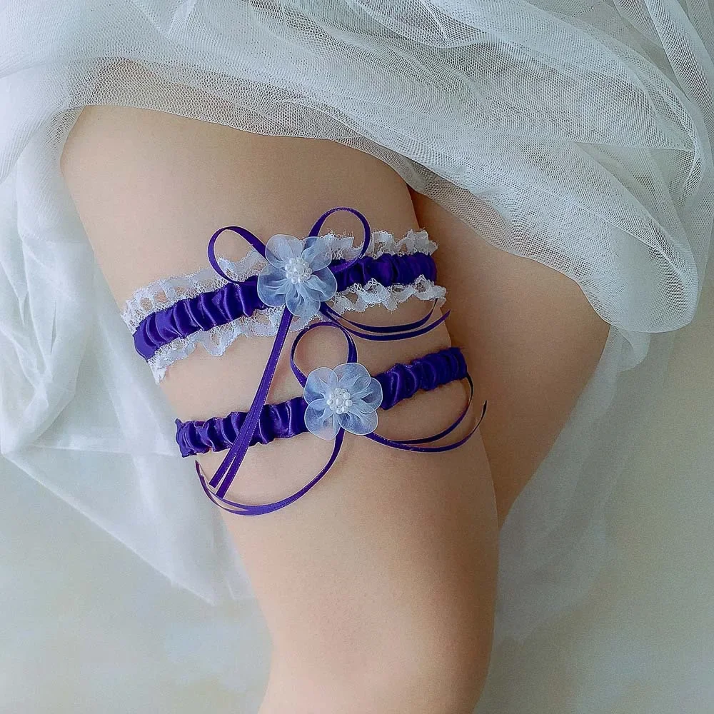 

Royal Blue Wedding Garter Set Stretchy Satin Bridal Garters with Bowknot Pearls Bride Accessories