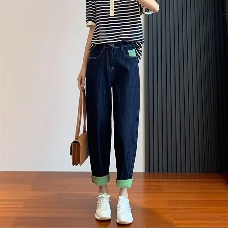 กางเกงยีนส์ทรงหลวมแบบจีบยาวถึงข้อเท้าของผู้หญิงเอวสูงสำหรับเด็กผู้หญิงฤดูร้อน MODE Korea ลำลองทันสมัยเข้ากับทุกชุด
