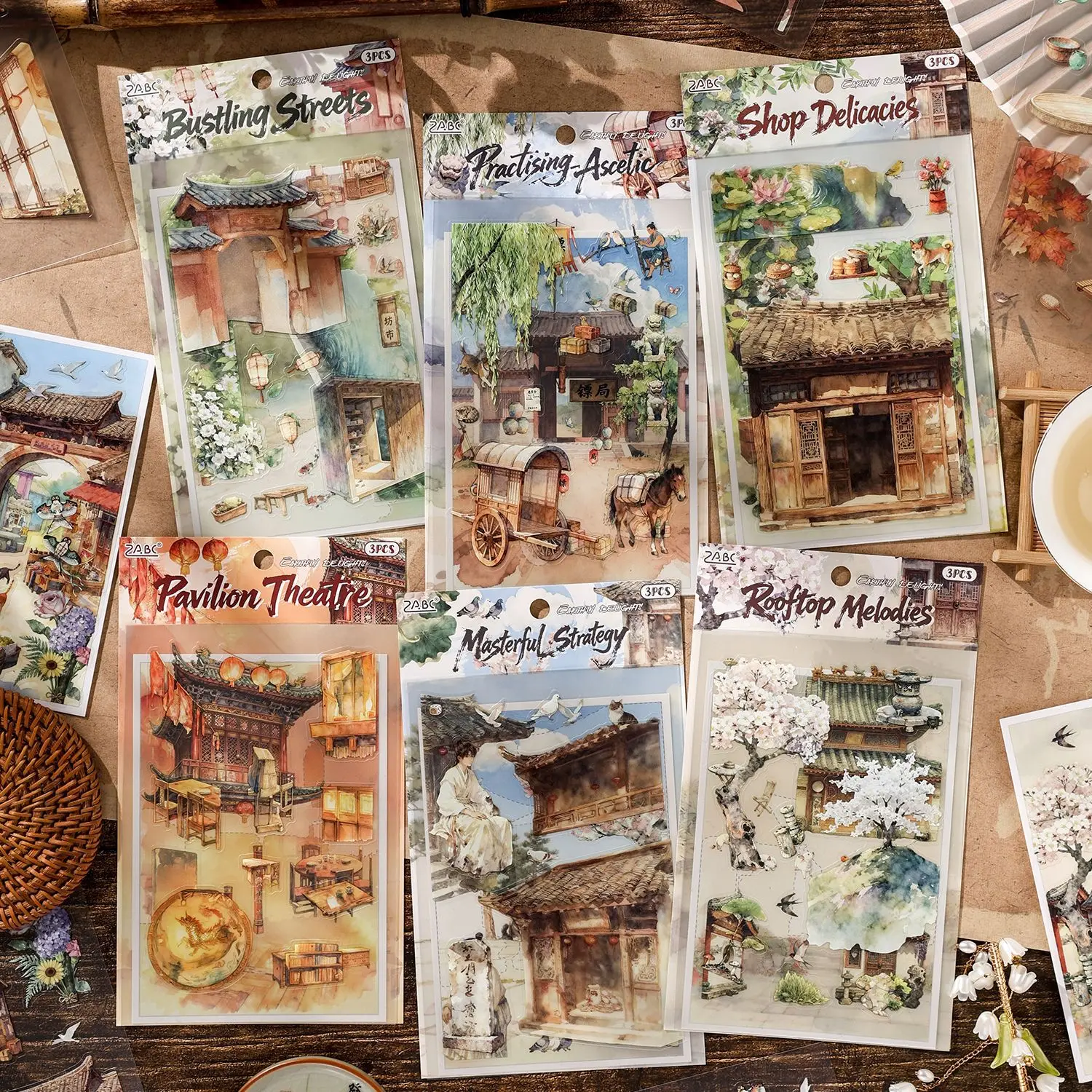 2 Sheets Chinese Ancient Scenery Themed Stickers, DIY Handmade Album Scrapbooking Decorative Paper Supplies