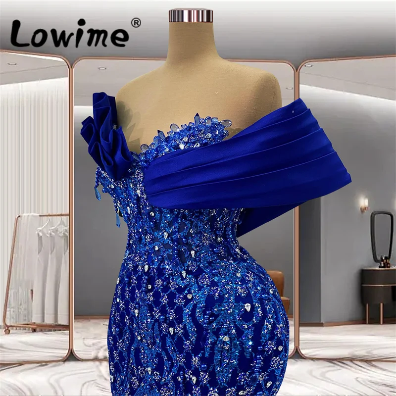 Royal Blue Arabic Party Dresses Vestidos De Noche 2023 Crystals Off Shoulder Formal Occasion Dresses Wedding Prom Evening Gowns