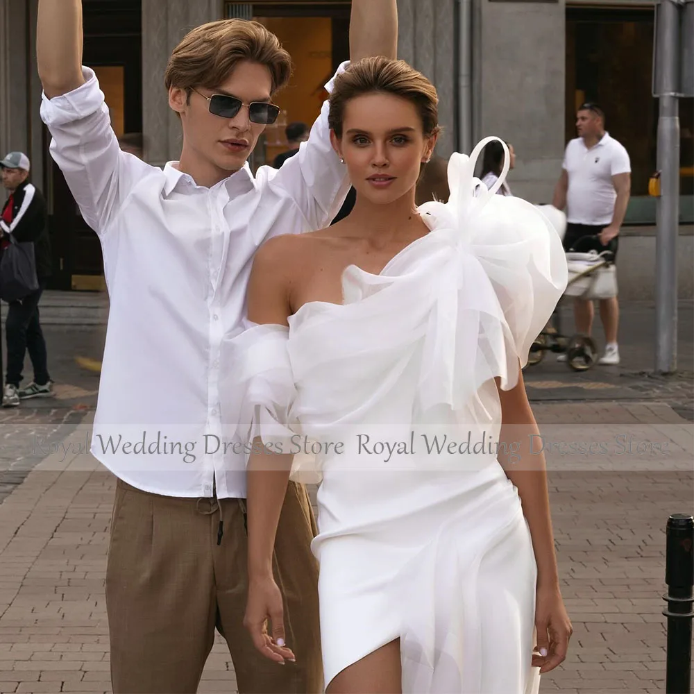 

Modern Ivory Mini Short Wedding Dress For Women One Shoulder Sheath Wedding Gown Organza Satin Pleat Sleeveles Bridal Gown