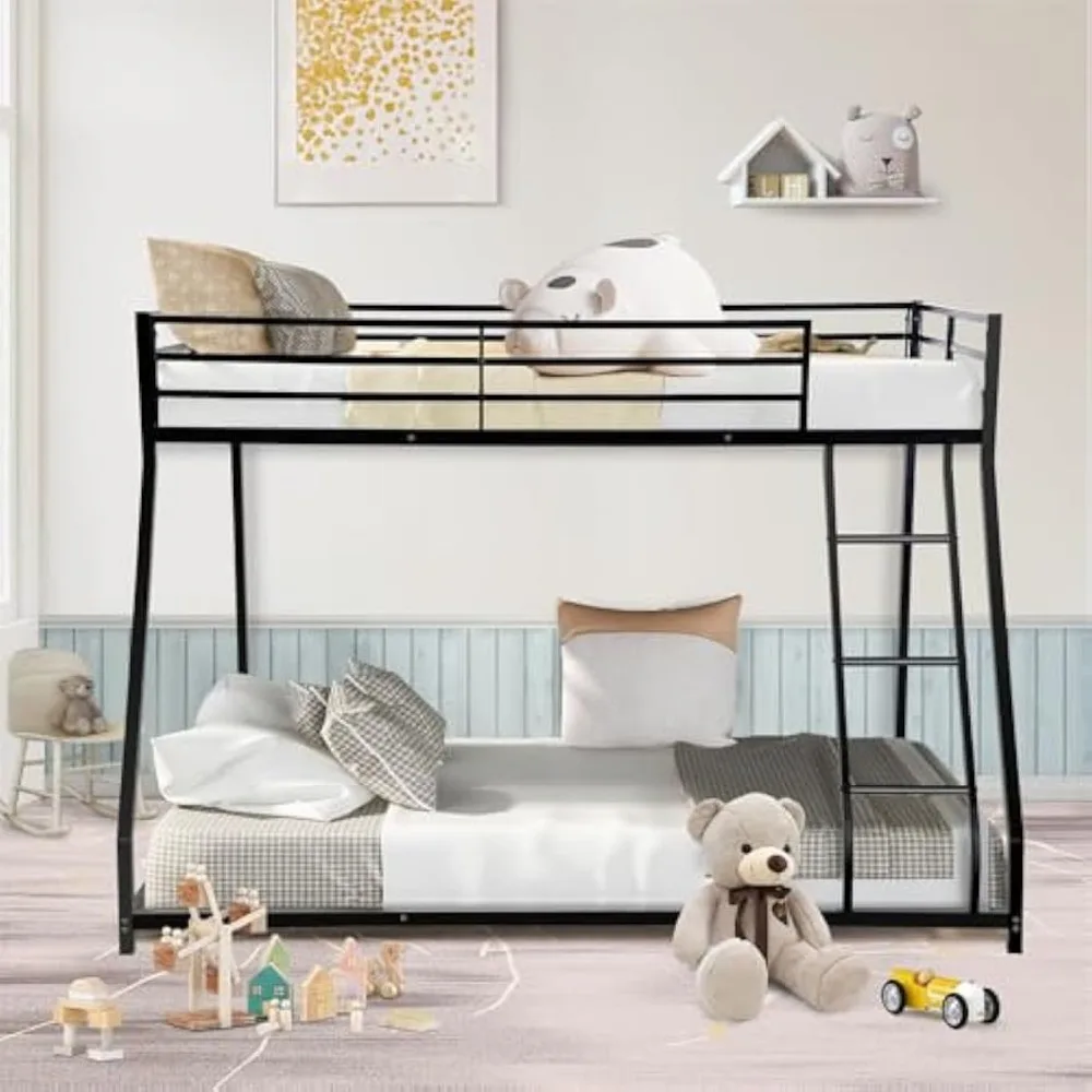 Twin over Full Size Bunk Bed, Heavy Duty Metal Bunk Bed Frame with Inclined Ladder & Safety Guardrail, Low Floor Bunk Bed