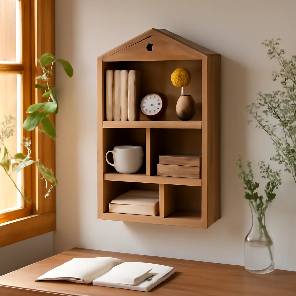 

Space-Saving Corner Hanging Cabinet with Grid Design Waterproof Bamboo Wall Shelf Bathroom/Kitchen/Kids Room Storage Solutions