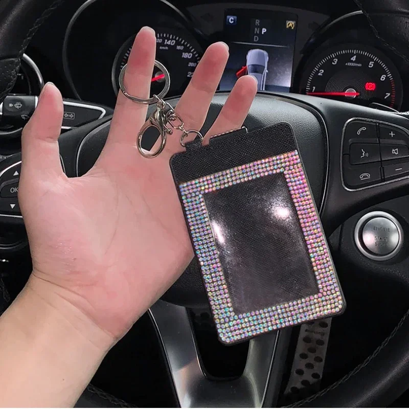 Shiny Crystal Car Storage Keychain Card Clip Organizer ID Badge Credit Card Holders Pocket Bag Vertical Punched Car Accessories