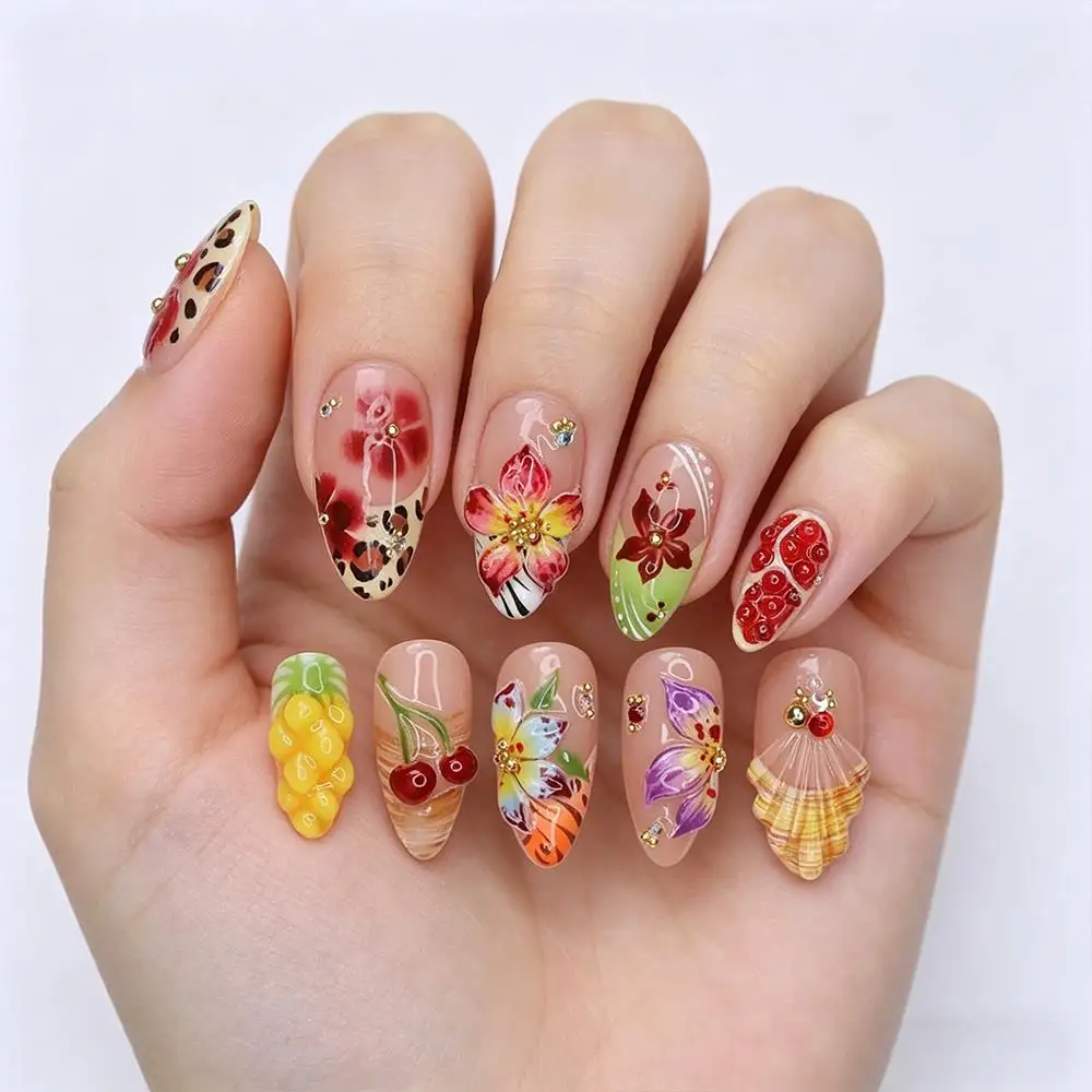 10 Stück Sommerliche Frucht- und Blumen-Press-On-Nägel mit 3D-Perlen, Blumenmuster, Mandelform, künstliche Nägel im tropischen Strand-Ins-Stil, falsche Maniküre
