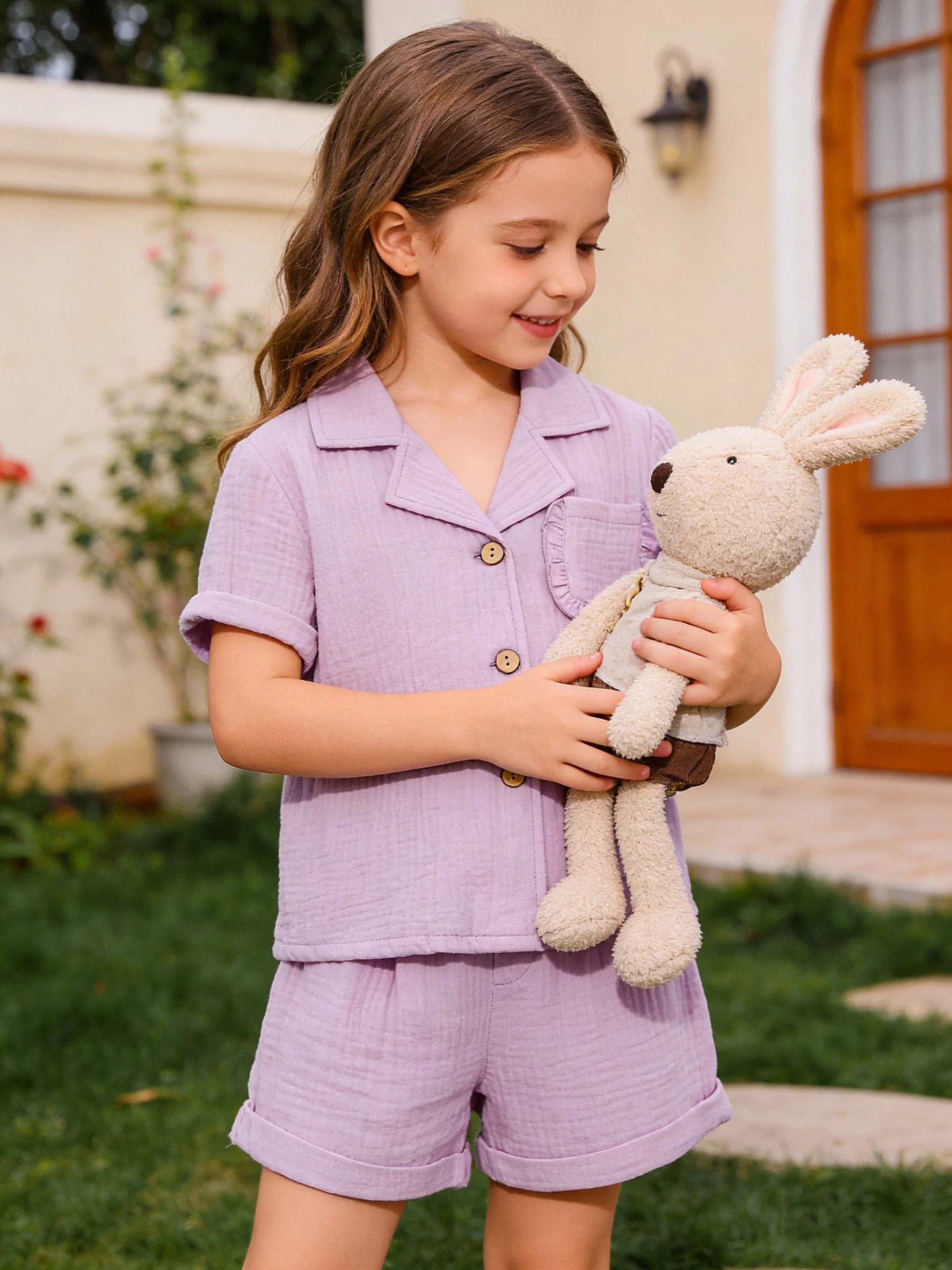 Summer New Arrival Girls' Purple Striped Shirt And Shorts Set Cute Children's Outfit for Girls