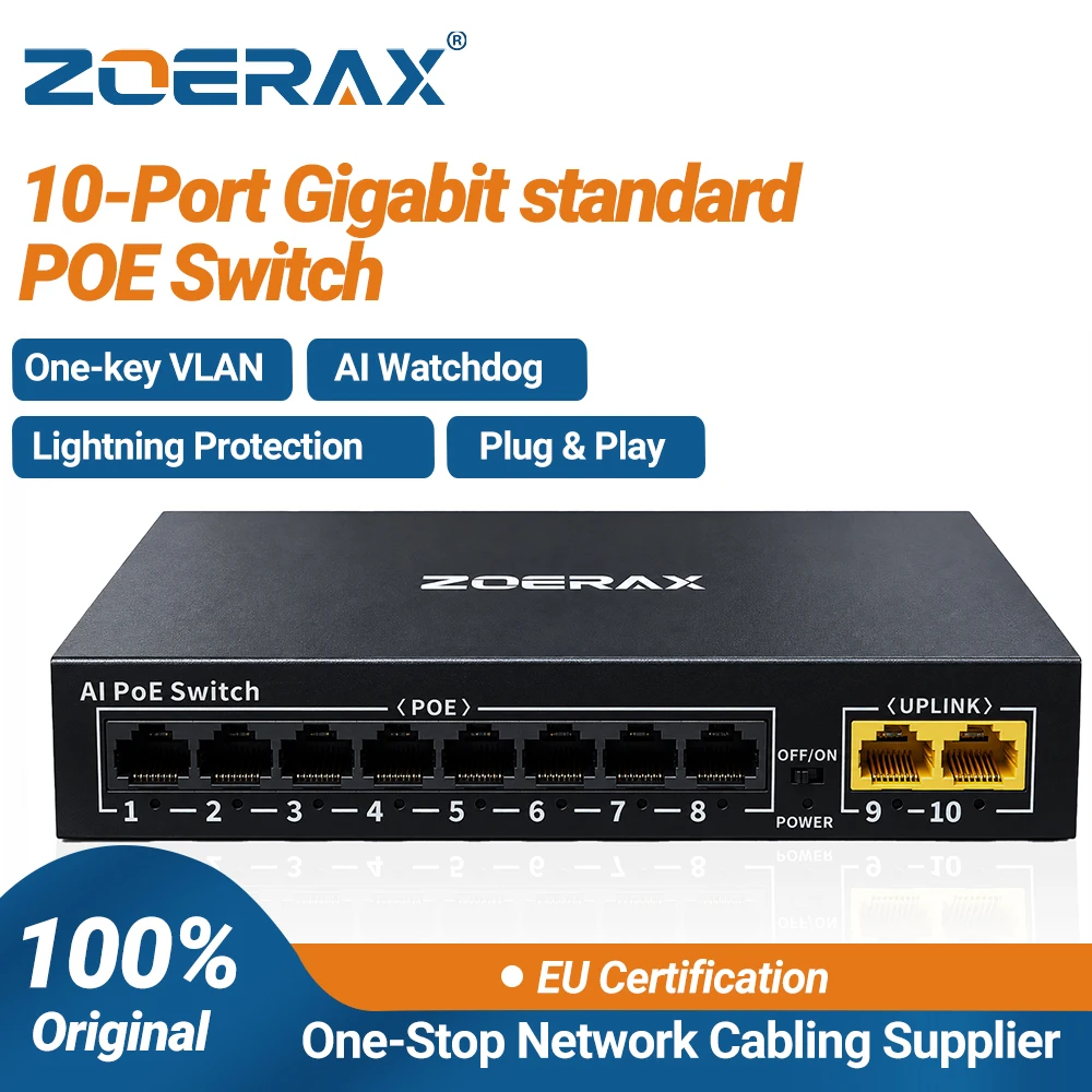 ZoeRax 8-Port PoE Ports + 2 Uplink Ethernet Switch One CableData and Powerover VLAN AI Watchdog Lightning Protection Plug & play