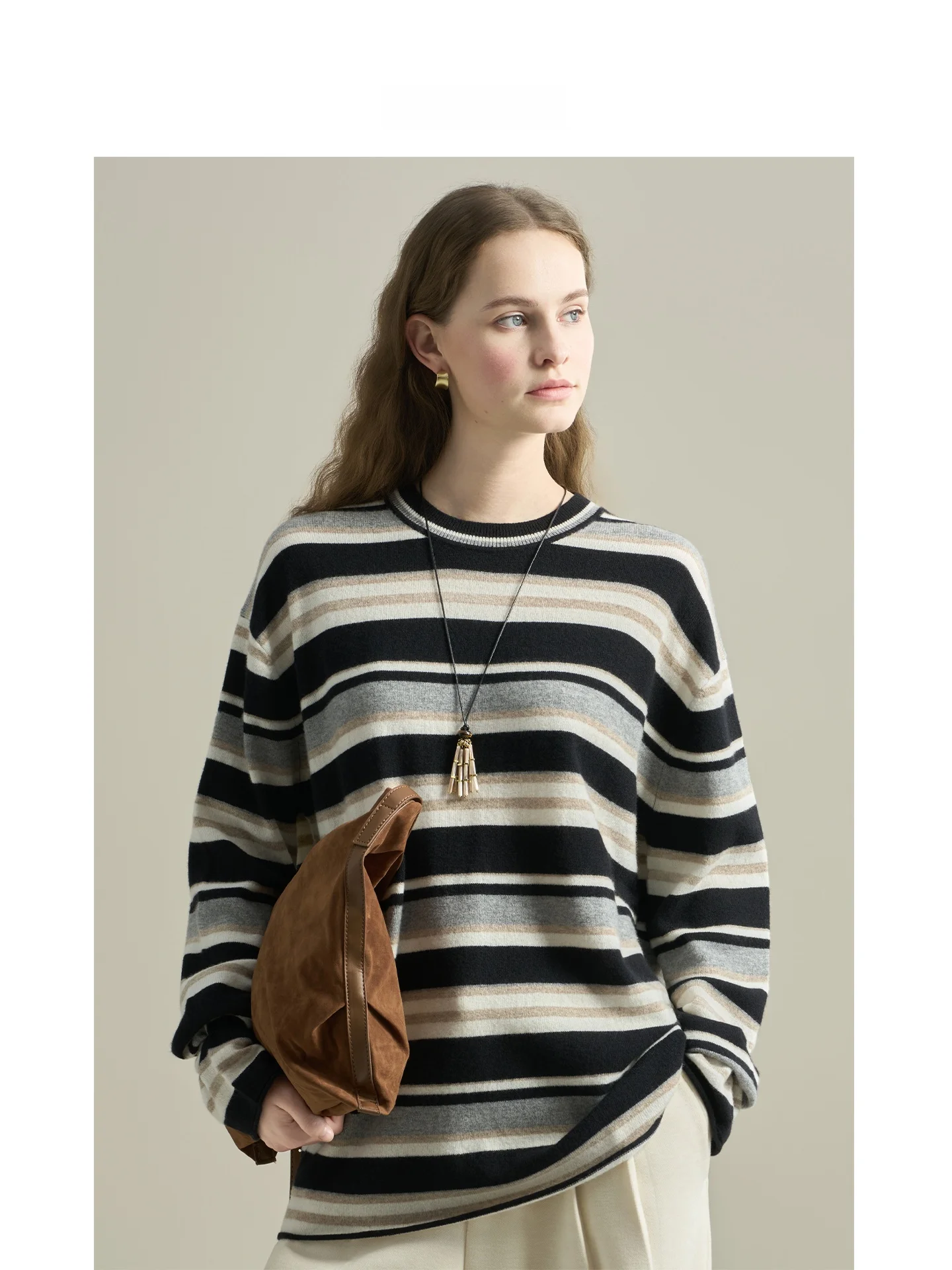 

LIMONN 00% шерстяной вязаный свитер в полоску, женский теплый, мягкий, приятный для кожи, свободный крой, круглый свитер Ne на осень-зиму