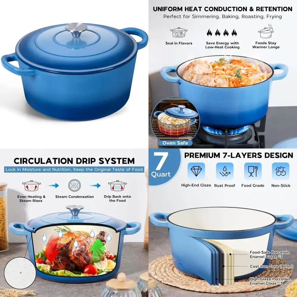 

Onader Enameled Cast Iron Dutch Oven Pot with Lid, 7 Quart Round Dutch Oven for Bread Baking, Heavy Duty Large Cast Iron Pot - B