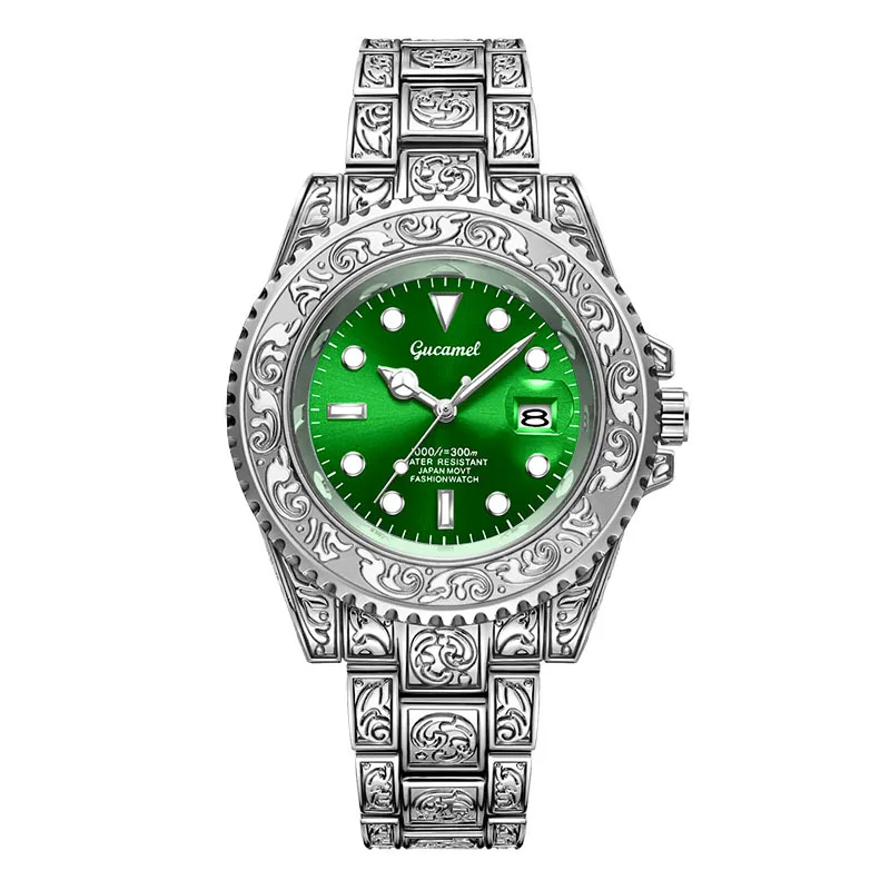 Vintage* Engraved Men’s Quartz Watch with Calendar, Diver-Style Waterproof Wristwatch, Hot-Selling Export Model