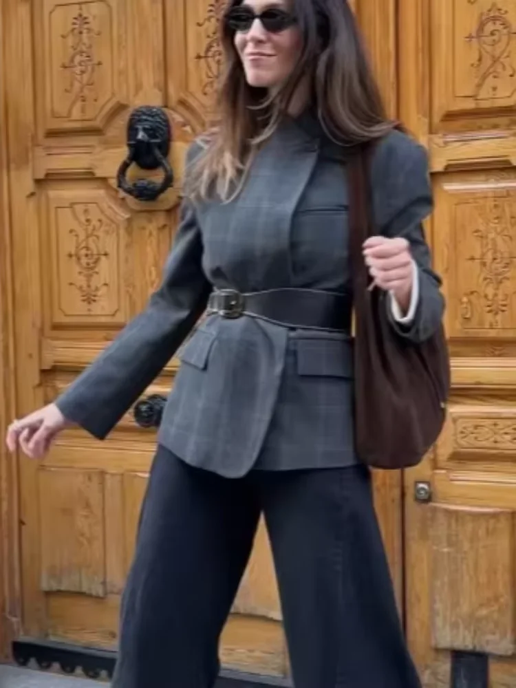 

Необычный клетчатый пиджак, женский шикарный воротник-стойка, свободное пальто с длинными рукавами и разрезом, 2026, весенняя женская повседневная одежда для повседневного использования