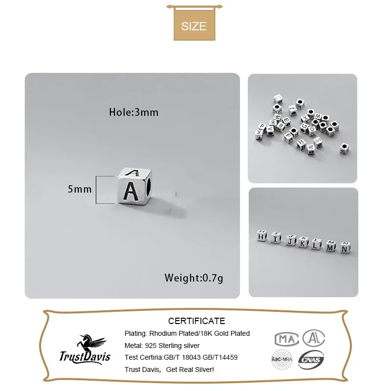 TrustDavis Real 925 Sterling Silver 26 English Letter Charm Beads Fit Necklace Bracelet For Women Girls Fine 925 Jewelry HY775