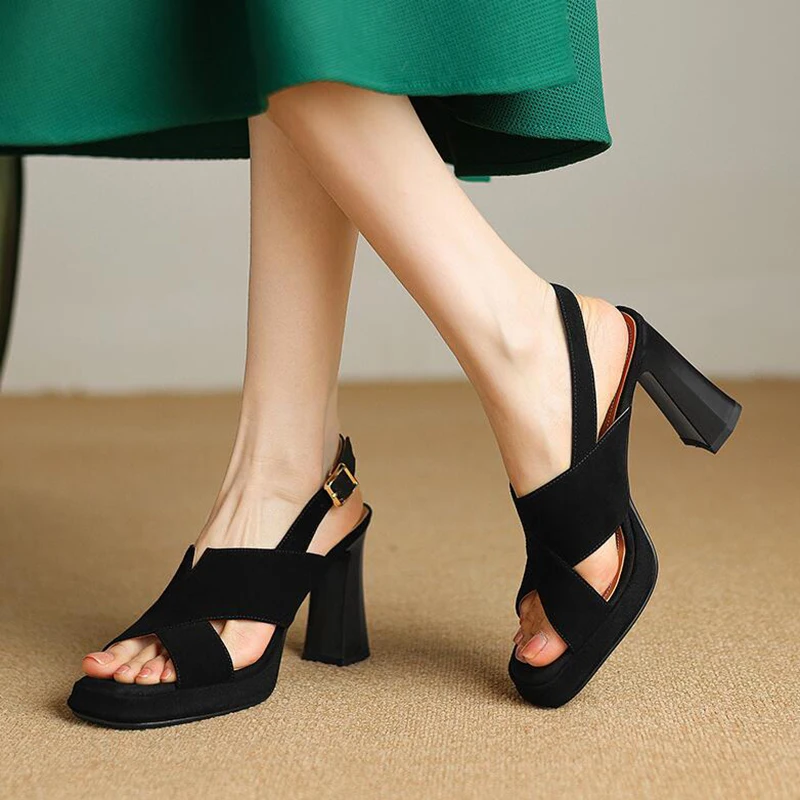 Vintage Style Green Chunky High Heel Sandal Summer New Women Shoe Cross Strap Open Toe Party Shoes Buckle Strap Platform Sandals