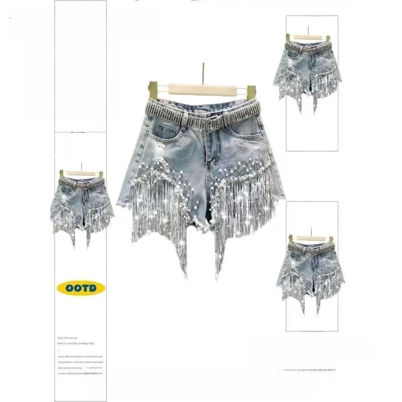 American Sexy Retro Short Jeans Women Casual Rivet Distressed Vintage Patchwork Solid Color Zipper Summer Low Waist Bodycon