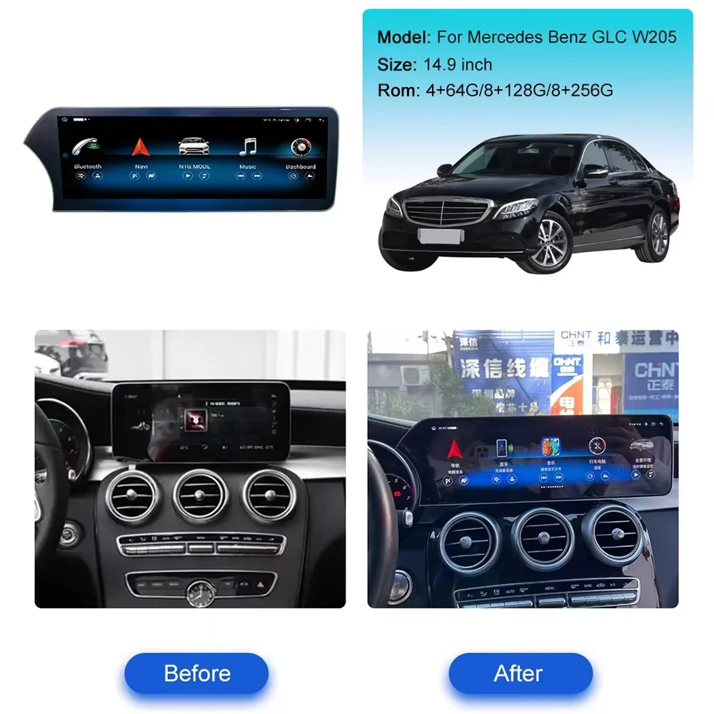 14.9 Inch Display 4K For Mercedes Benz C Class GLC W205 X253 2015-2022 Car Radio Multimedia Player Android 14 CarPlay GPS Navi