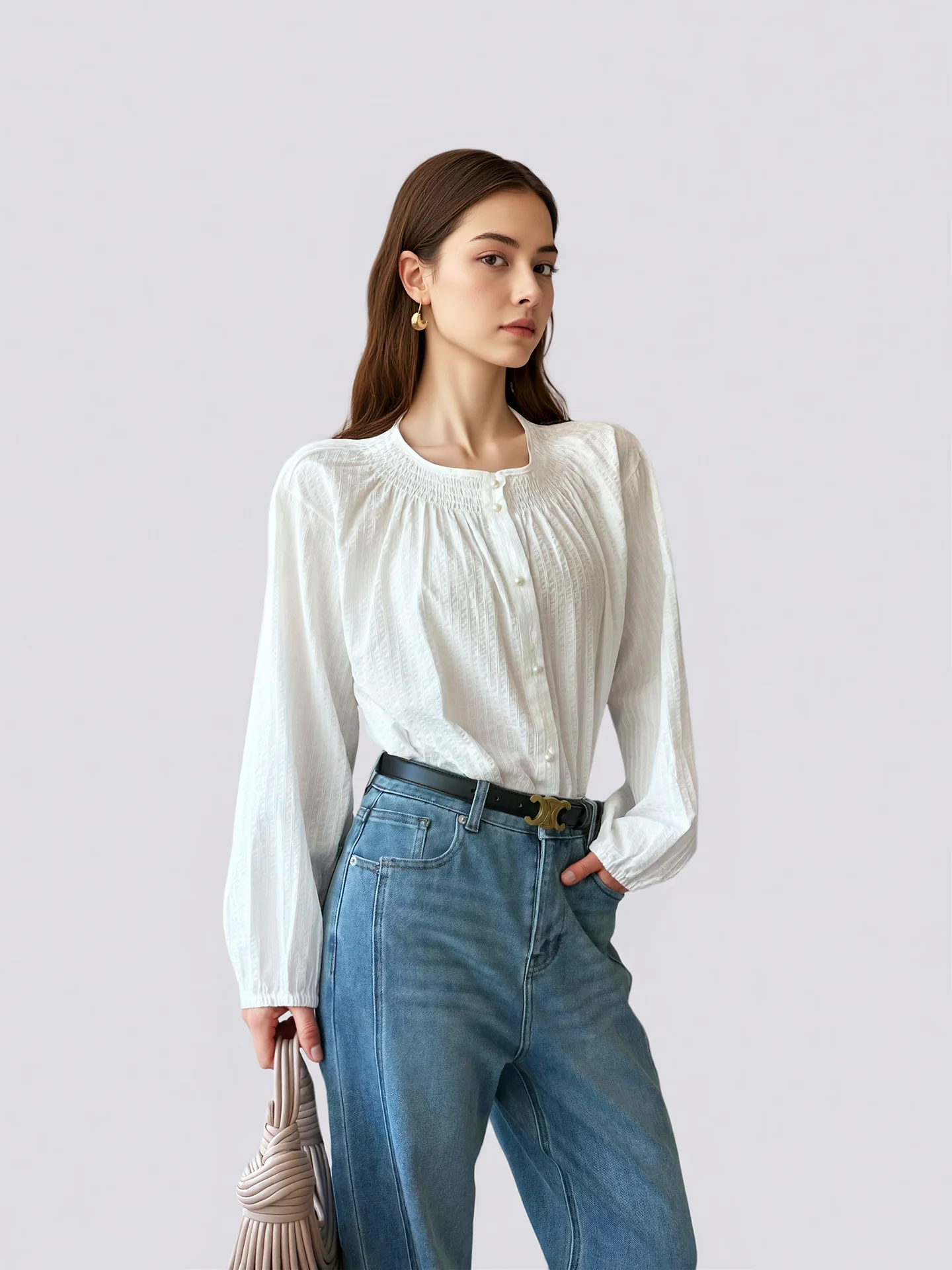 

ANGJIA Spring Loose Striped Texture round Ne Slimming Long Sve Women's irt Vintage Sle Casual Faion Top
