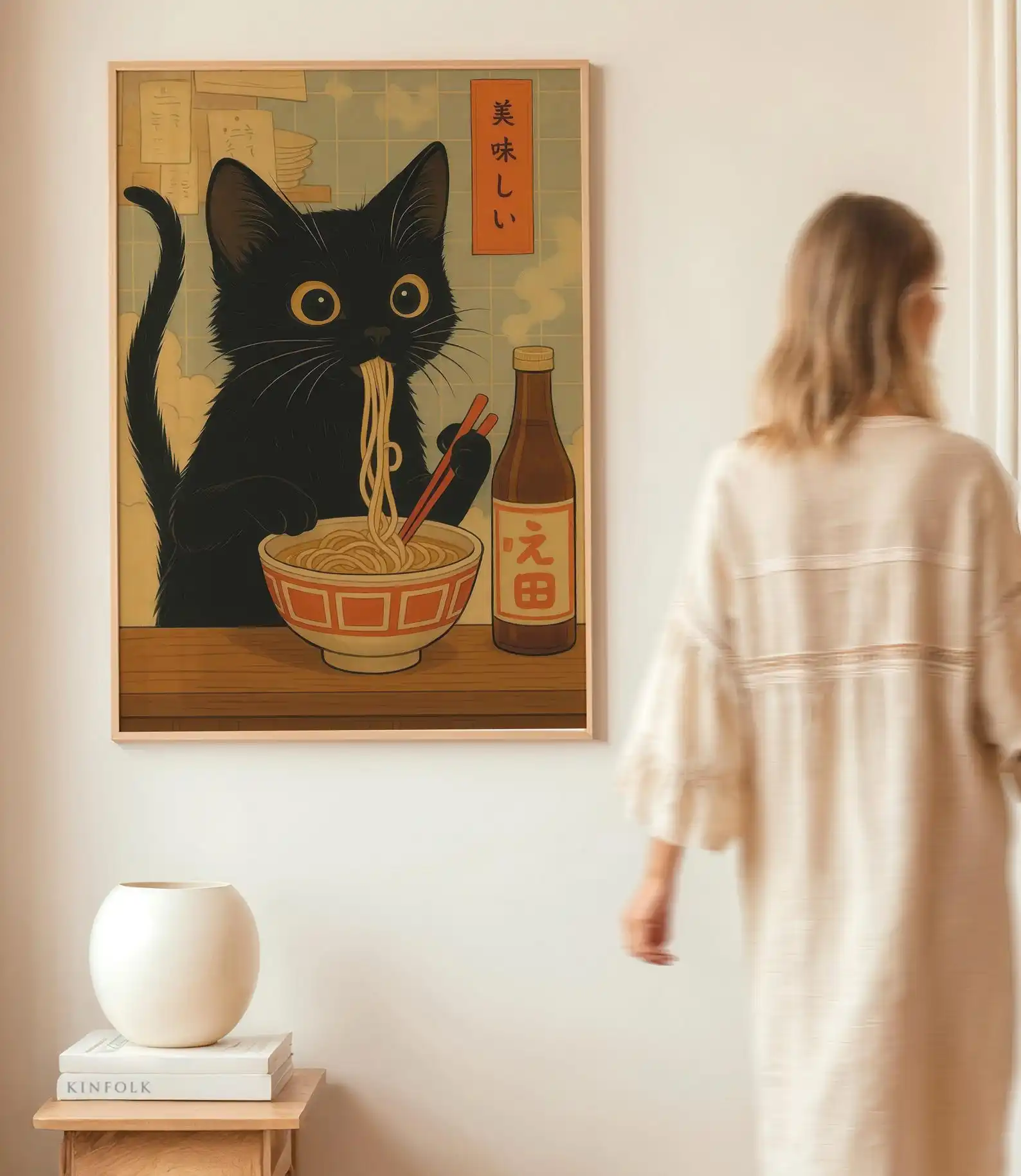 Noodle Cat Thief Anime-Leinwanddruck, rahmenloses japanisches Leinwand-Wandkunst-Poster, Katzen- und Ramen-Illustration, süßes Poster mit Lebensmittel-Thema
