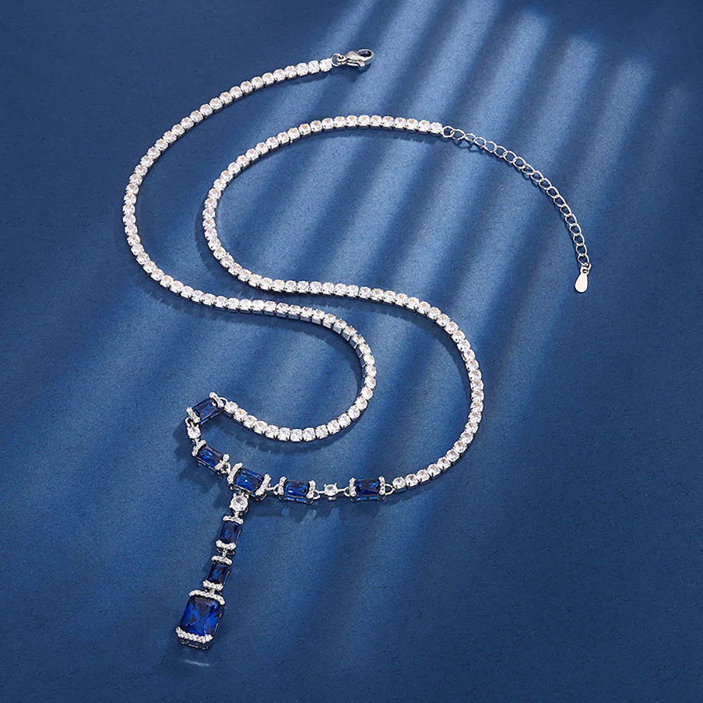 Sparkling 8*10MM Ruby Sapphire Gemstone Pendant Necklace for Women Vintage High Carbon Diamond Cocktail Party Fine Jewelry Gift