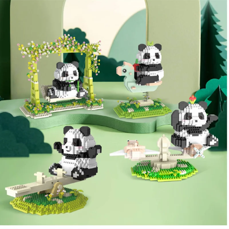 Cartoon Cute Panda Building Blocks Toys Creative Series Assembly Panda Swing Seesaw Rotating Plane Blocks Model Ornaments