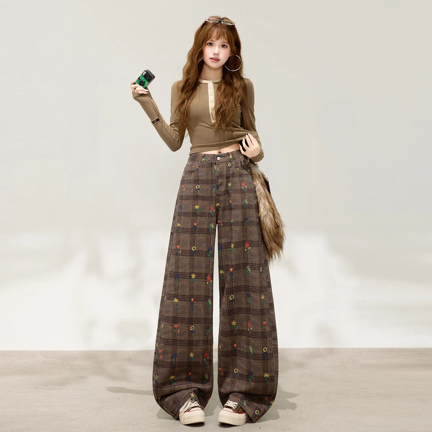Women Brown Mesh Y2K Casual Trousers Jeans Grid Harajuku High Street American Retro Loose Long Pants Streetwear Clothes 2026