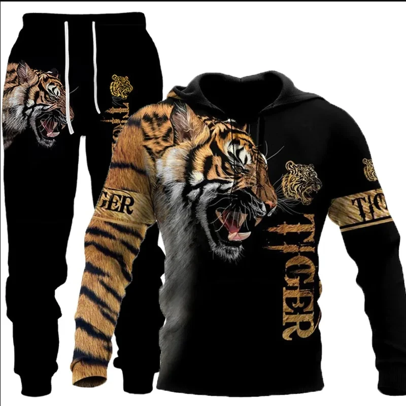 The Tiger 3D Printed Men\'s Sweatshirt Hoodies Set Men\'s Lion Tracksuit/Pullover/Jacket/Pants Sportswear Autumn Winter Male Suit