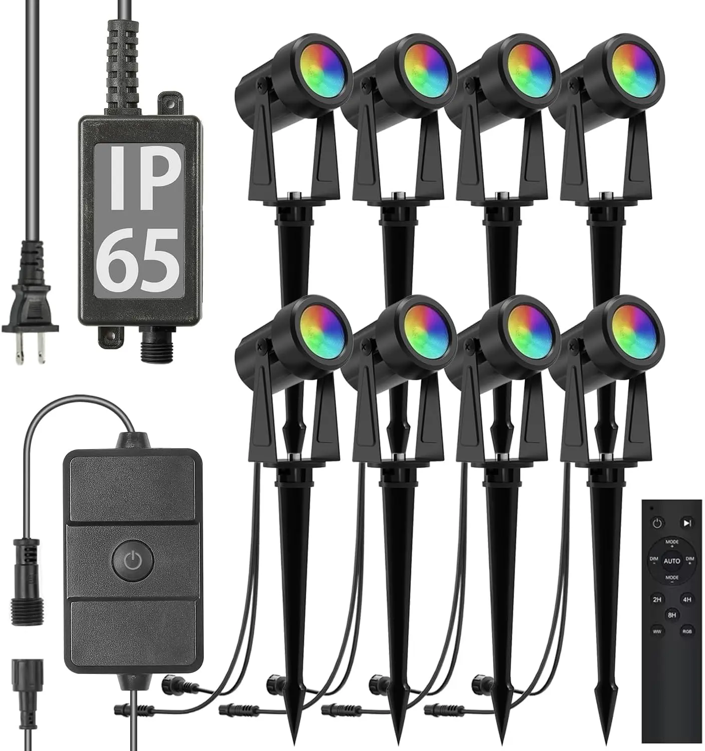 8 Pack RGBW Color Changing Outdoor Spotlights with Remote Control, Waterproof Landscape Lighting for Garden Yard