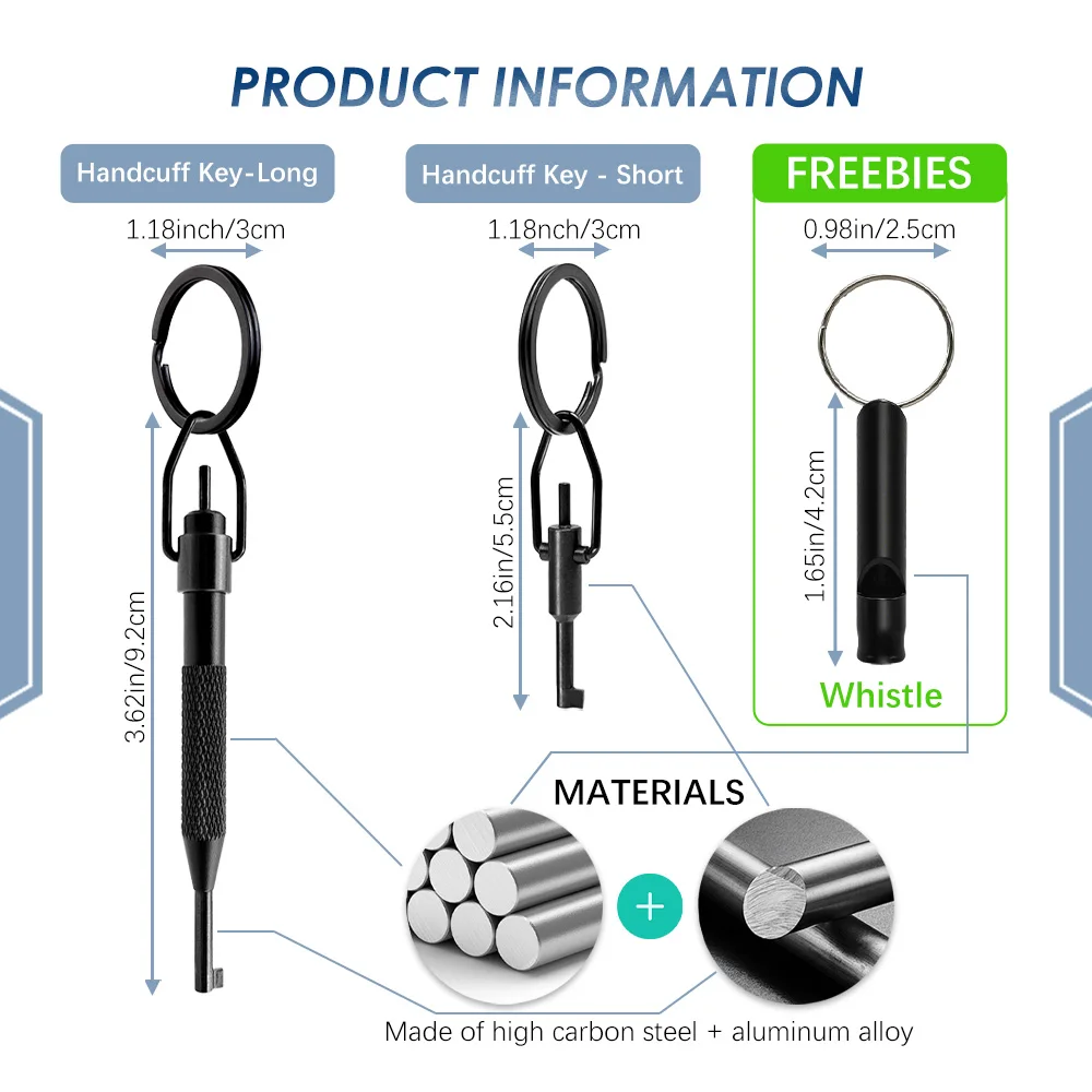 Handcuff key set, 1 long handle key + 1 short handle key, made of high carbon steel, comes with a survival whistle for signaling