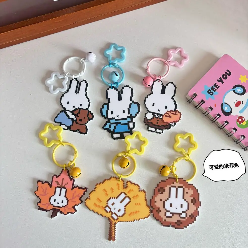 Miffy Pixel Style Keychain Set Multiple Rabbit Patterns With Bell Pendant Portable Bag Key Ring For Keys Bags Phone Accessories