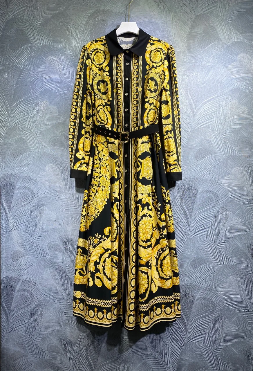 

2022 Autumn Chic Women High Quality Cotton Retro Print Belt Dress F125