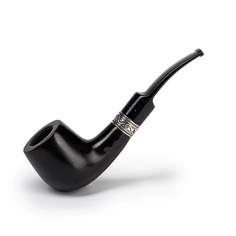 Black Ebony Wood 9mm Flue Filter Tobacco Pipe Men Bent Type Retro Carving Silver Ring Handmade Smoking Pipe Gift Pipe Accessory