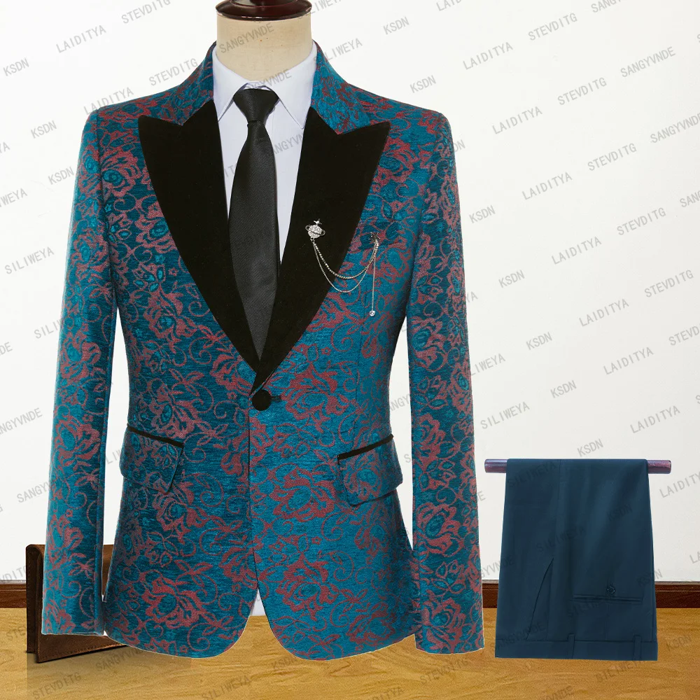 

2023 New Fashion Men's Suits Blue Red Jacquard Slim Fit Velvet Peak Lapel Business Banquet 2 Pieces Set Plus Size Jacket+Pants